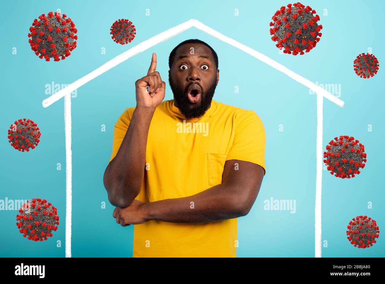 Konzept des Aufenthalts zu Hause Botschaft mit einem Mann in seinem Haus und um die Außenseite des koviden 19 Coronavirus Stockfoto