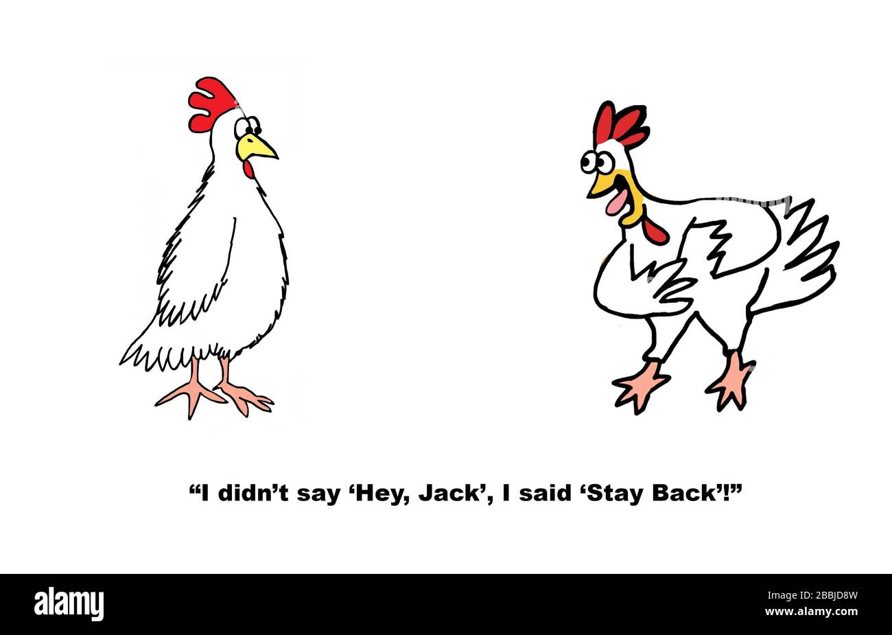 Farb-Cartoon von zwei Hühnern, die soziale Distanzierung und ihre Bedeutung darstellen. Stockfoto