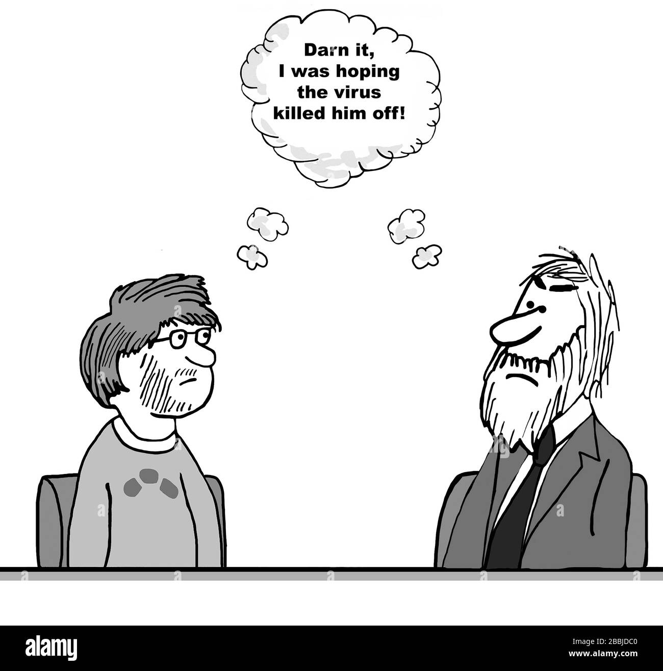 Cartoon der älteren Generation und der jüngeren Generation denken beide, dass sie "hofften, dass das Virus ihn getötet hat". Stockfoto