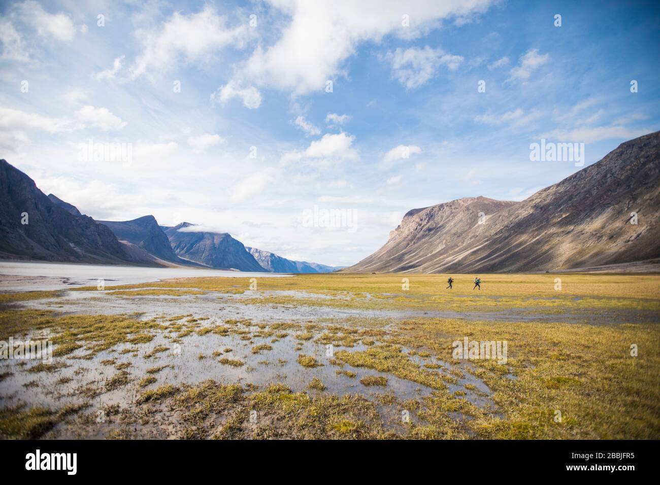 Zwei Backpacker überqueren die nasse Tundra im Akshayak Pass. Stockfoto