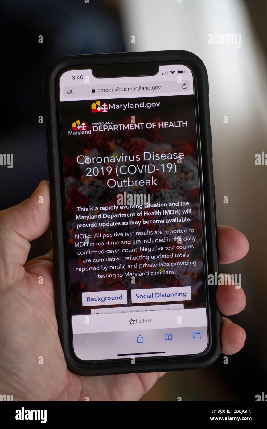 Ein Public Service Alert wurde an alle Telefone in Maryland geschickt, um vor sozialen Einschränkungen aufgrund des pandemischen Coronavirus COVID zu warnen - 19 Stockfoto