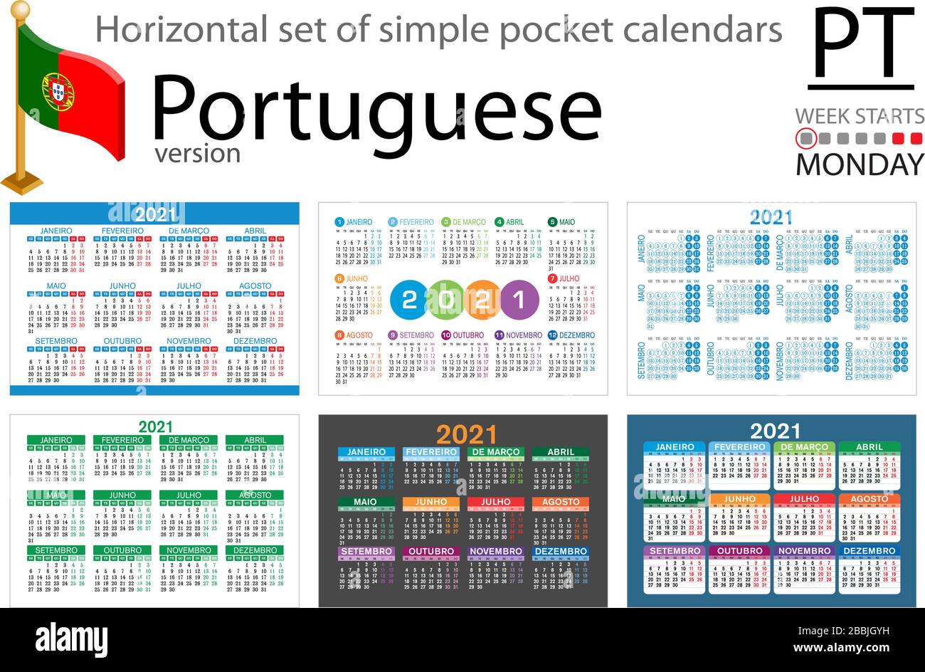 Horizontaler Satz von Taschenkalendern für 2020 (zweitausend einundzwanzig). Die Woche beginnt am Montag. Neues Jahr. Einfaches Design in Farbe. Vektor Stock Vektor