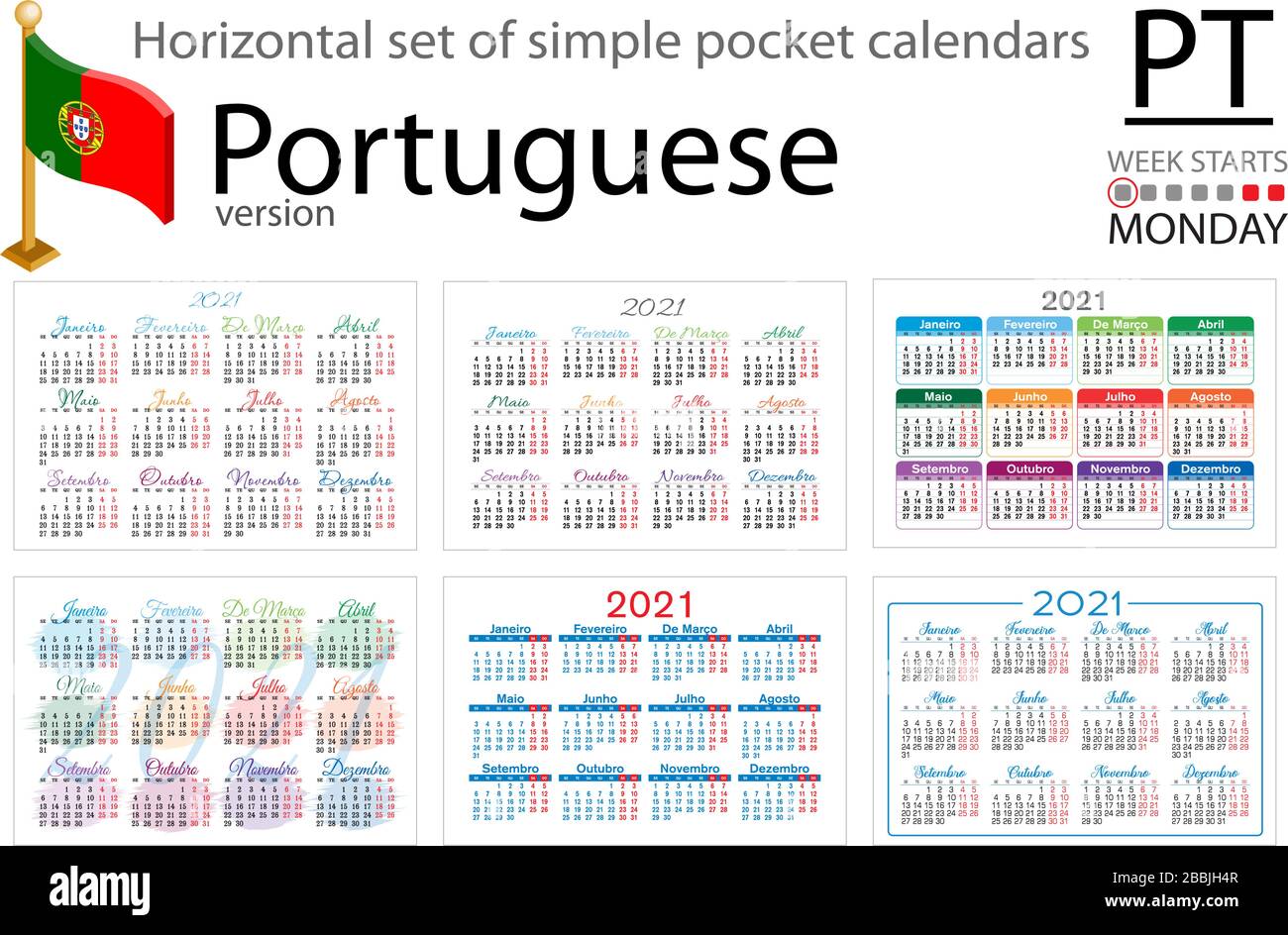 Horizontaler Satz von Taschenkalendern für 2020 (zweitausend einundzwanzig). Die Woche beginnt am Montag. Neues Jahr. Einfaches Design in Farbe. Vektor Stock Vektor