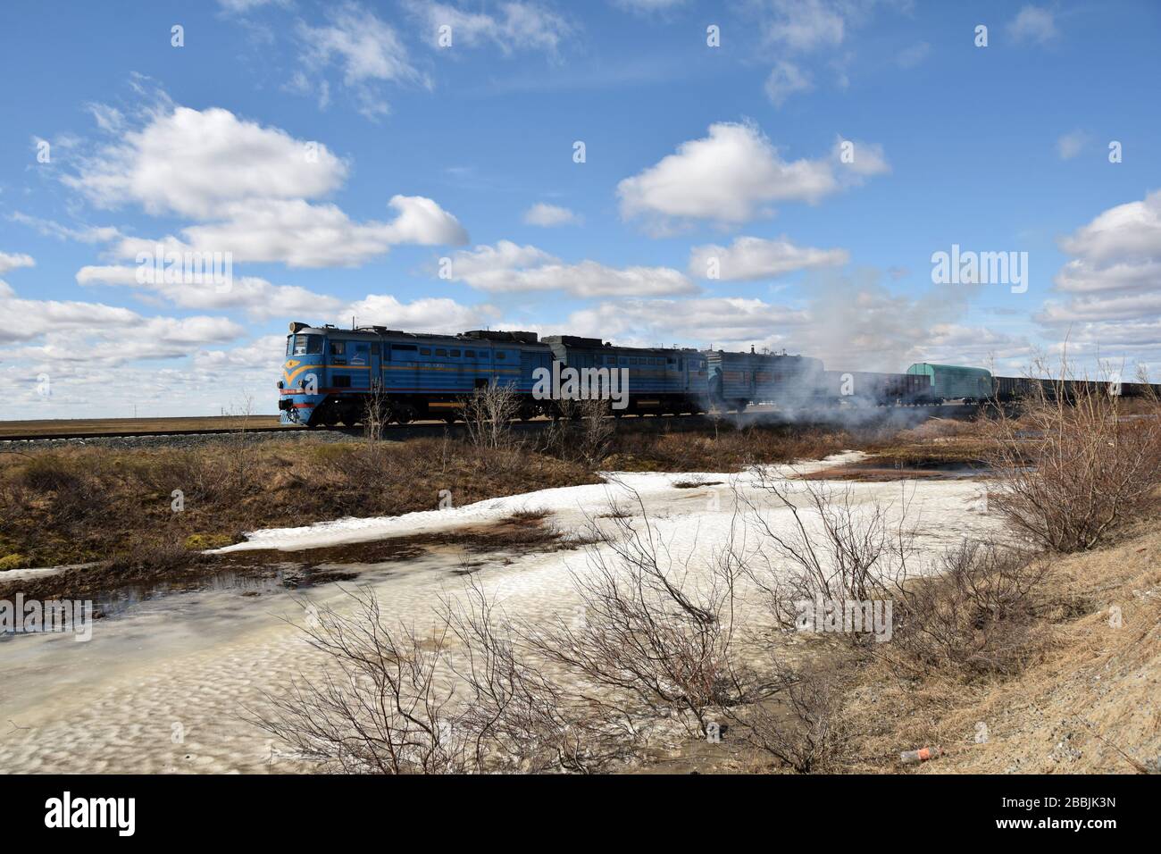 Ein Güterzug in der Nähe der Stadt Novy Urengoy im autonomen Gebiet Yamalo-Nenets, Nordrussland. Stockfoto