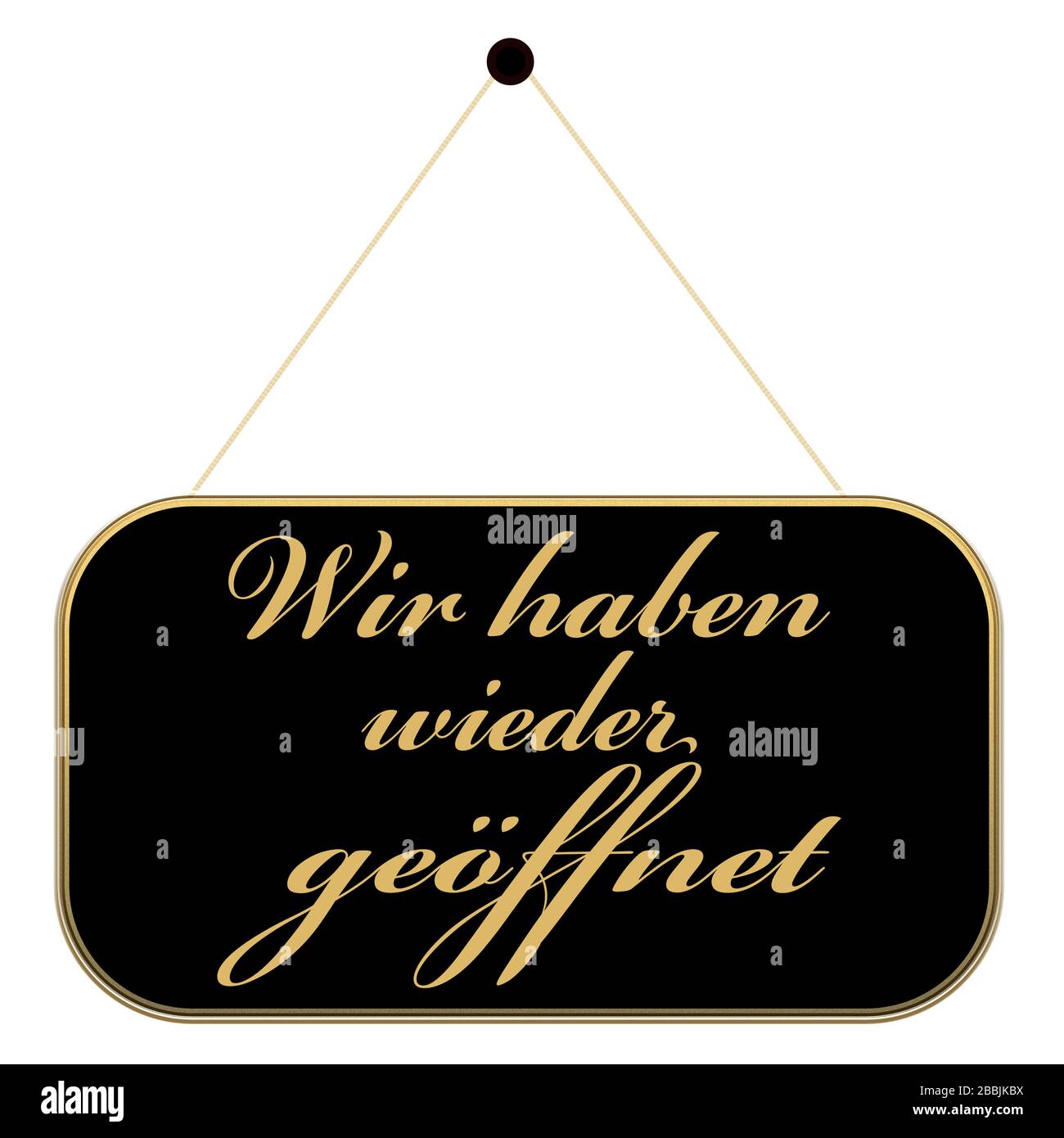 Deutsches Label / Banner - Eröffnung - Schild mit der Aufschrift: Wir haben wieder ein Gänsebelett (auf englisch: Wir haben wieder geöffnet). - schwarz - Golden Stockfoto