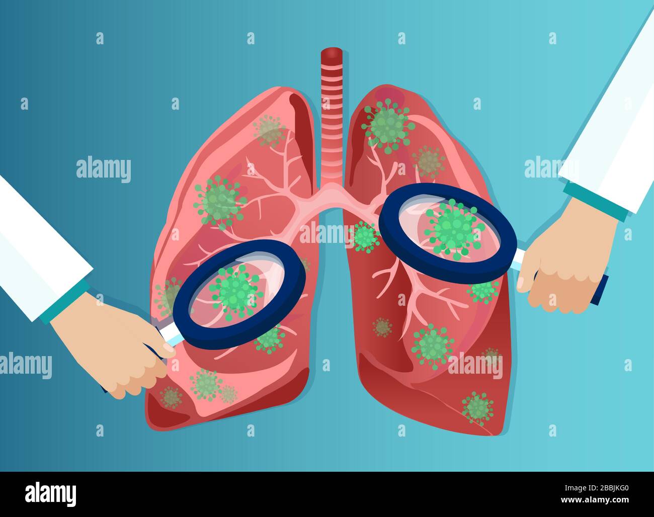 Vektor der Hände des Arztes mit Lupe, die Coronavirus analysiert, betroffene Lungen Stock Vektor