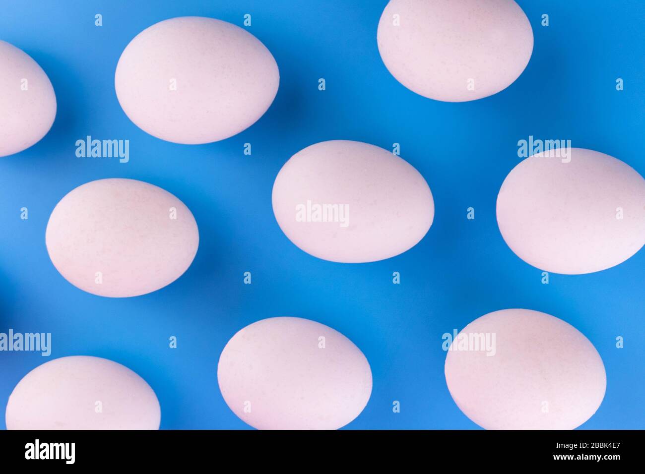 Weiße Eier auf blauem Grund. Hintergrund der Eier. Stockfoto