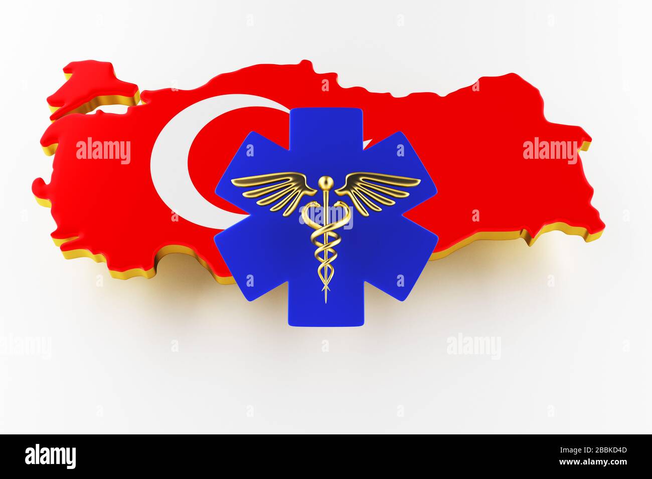 Caduceus Schild mit Schlangen auf einem medizinischen Stern. Karte der Türkei Landgrenze mit Flagge. Türkei-Karte auf weißem Hintergrund. 3D-Rendering Stockfoto