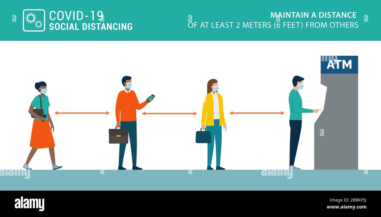 Soziale Distanzierung und Coronavirus-Kovid-19-Prävention: Halten Sie bei der Verwendung von Geldautomaten und Selbstbedienungsgeräten einen sicheren Abstand zu anderen Personen ein Stock Vektor