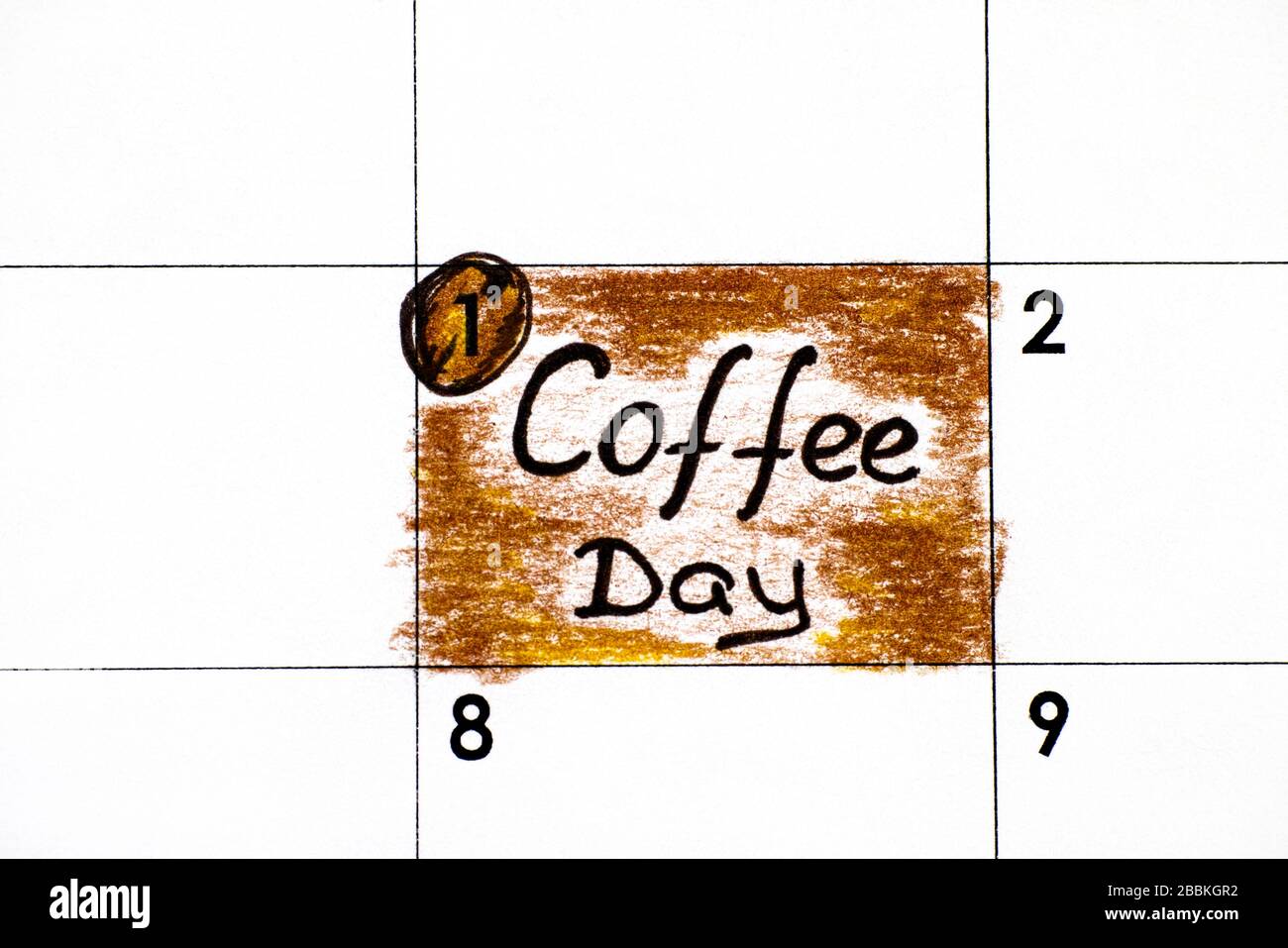 Handschrifterinnerung Kaffeetag im Kalender. Nahaufnahme. Stockfoto