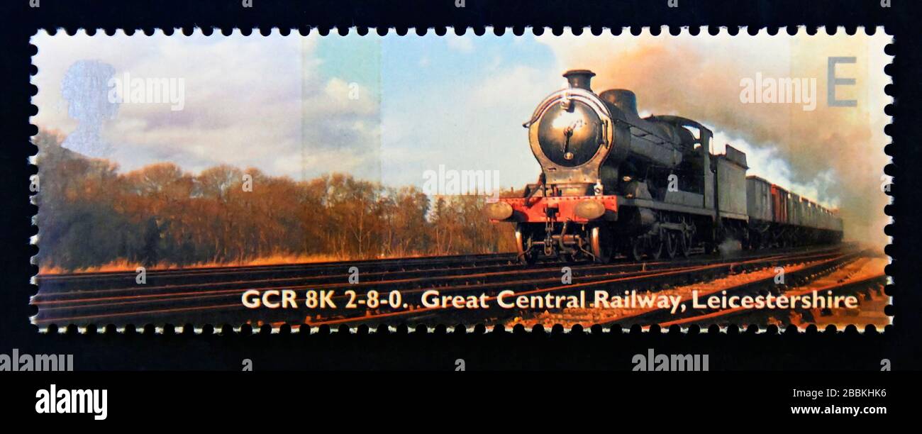 Briefmarke. Großbritannien. Königin Elizabeth II Klassische Lokomotiven. GCR 8K 2-8-0. Great Central Railway, Leicestershire, England. E. 2004. Stockfoto