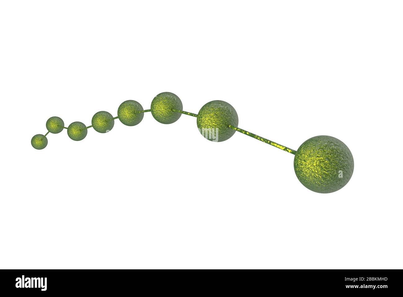 3D-Rendering, Nahaufnahme des grünen Virus, das gefährliche Grippefälle ist, isoliert auf weißem Hintergrund. Stockfoto