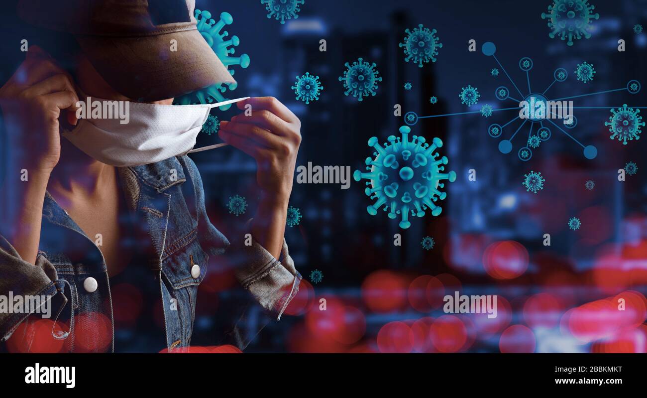 Touristen, die Masken tragen, isolieren sich auf dem Hintergrund des Corona-Virus. Schützen Sie sich vor Virusinfektionen in der Corona-Viruskrise 2020, dem Konzept des epi Stockfoto