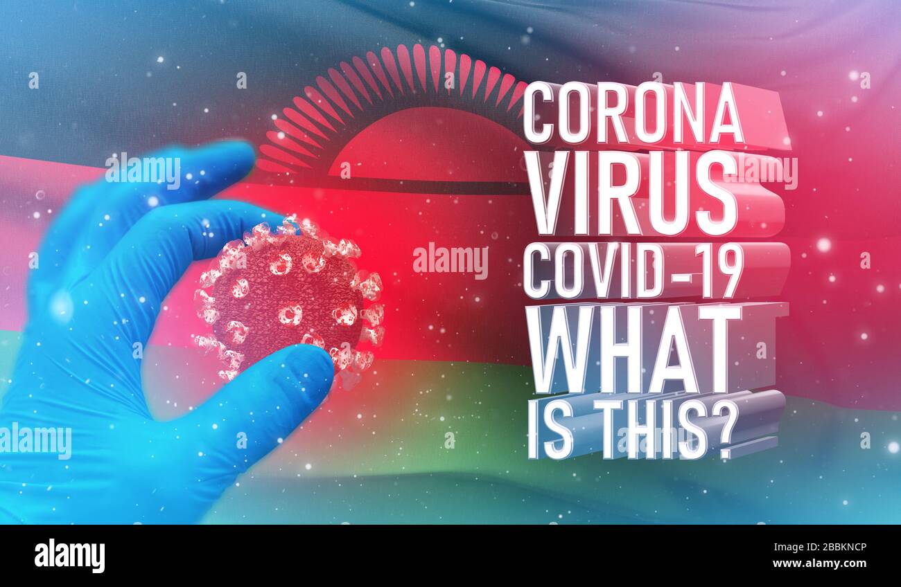 Coronavirus COVID-19, häufig gestellte Frage - was ist es Text, medizinisches Konzept mit Flagge Malawis. Pandemische 3D-Darstellung. Stockfoto