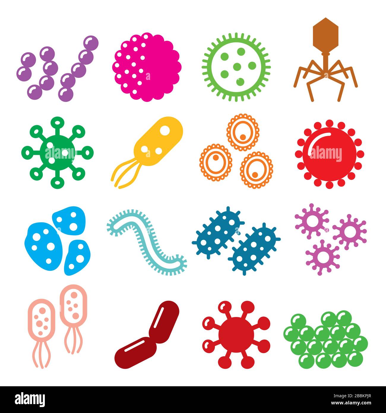 Virus, Bakterien, Superbug-Vektorsymbole gesetzt - Pandemie- oder Epidemiekonzept, Virensymbollektion Stock Vektor