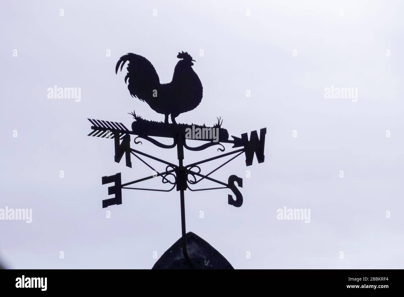 Ein Nahblick auf eine Silhouette eines Hühnchens mit Wettermesser in Nord-, Süd-, Ost- und Westrichtung Stockfoto