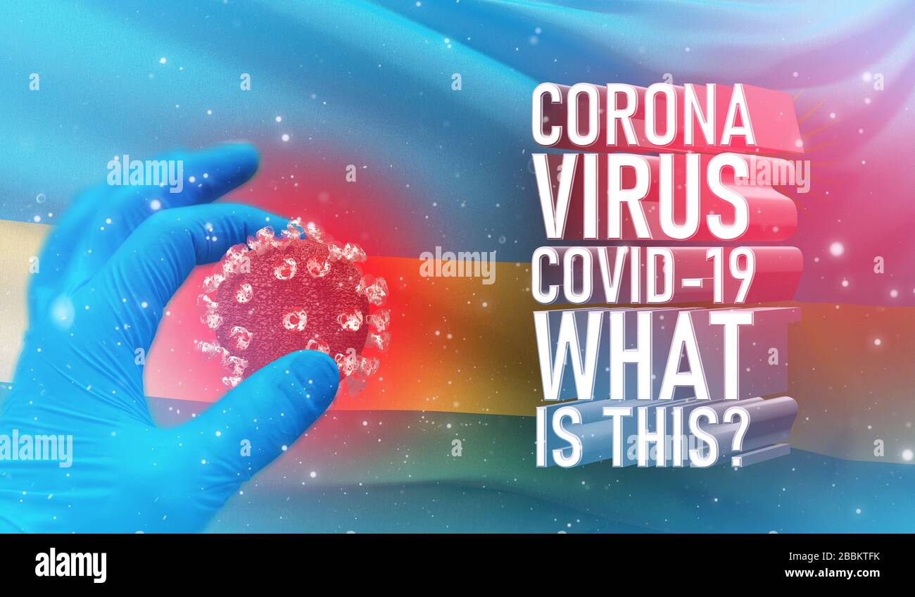 Coronavirus COVID-19, häufig gestellte Frage - was ist es Text, medizinisches Konzept mit Flagge Ruandas. Pandemische 3D-Darstellung. Stockfoto