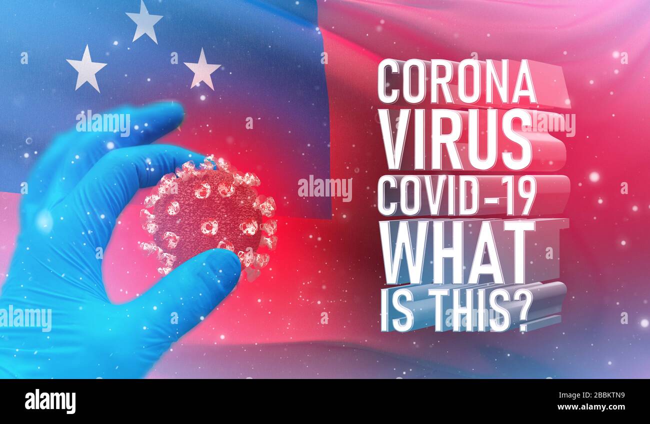 Coronavirus COVID-19, häufig gestellte Frage - was ist es Text, medizinisches Konzept mit Flagge Samoas. Pandemische 3D-Darstellung. Stockfoto
