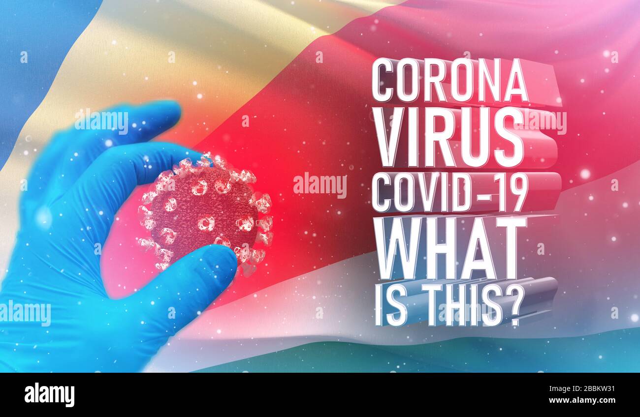 Coronavirus COVID-19, häufig gestellte Frage - was ist es Text, medizinisches Konzept mit Flagge der Seychellen. Pandemische 3D-Darstellung. Stockfoto