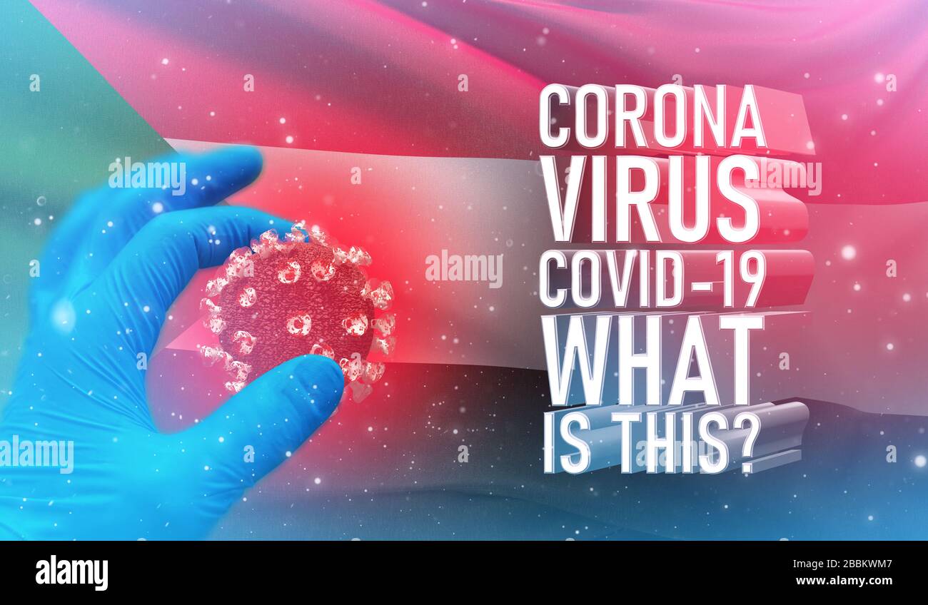 Coronavirus COVID-19, häufig gestellte Frage - was ist es Text, medizinisches Konzept mit Flagge des Sudan. Pandemische 3D-Darstellung. Stockfoto