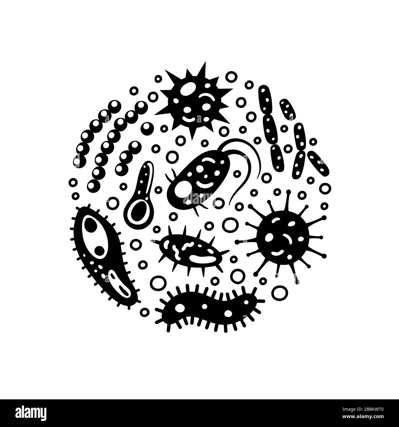 Bakterien und Viren im Kreis, Mikroorganismen, die krankheitsauslösende Objekte sind. Verschiedene Arten, Bakterien, Viren, Coronavirus, Infusorium, Streptokokken Stock Vektor