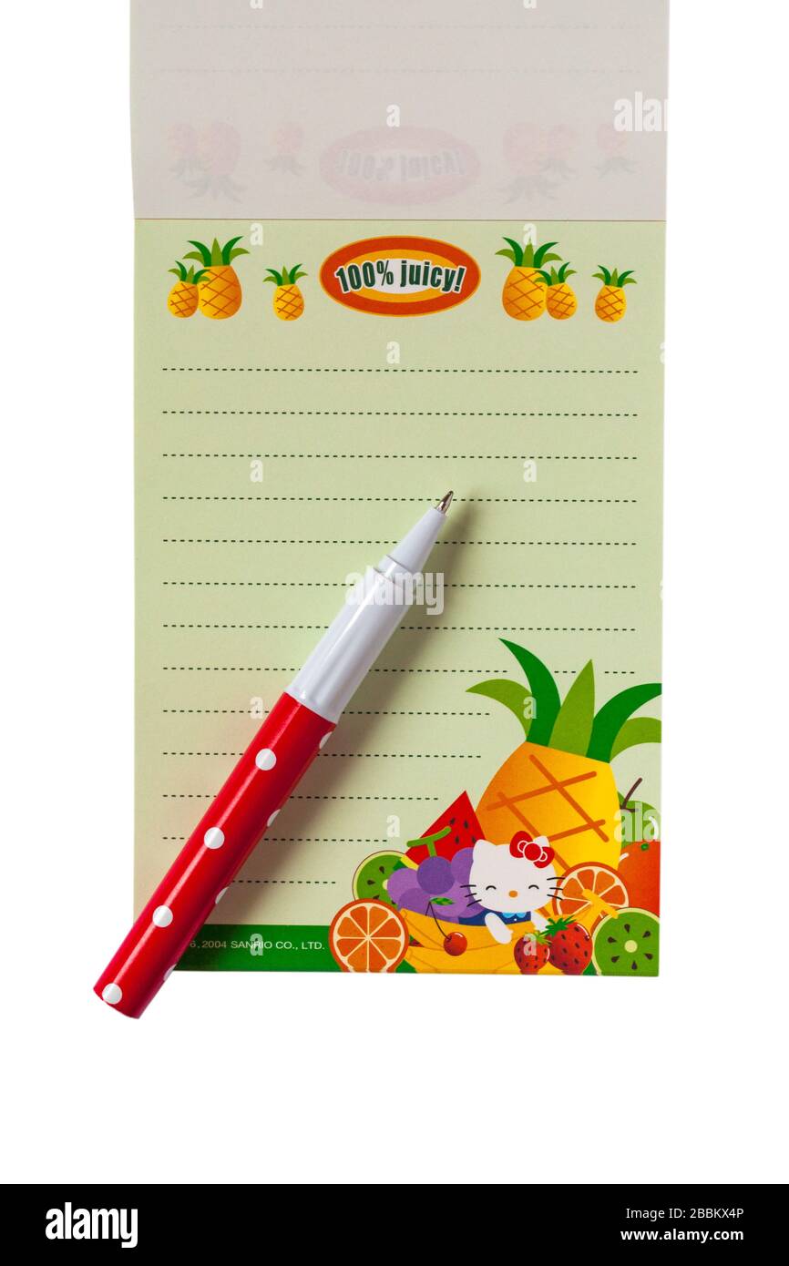 Hello Kitty Obst Paradise scratch n Ananas Duft Notizblock mit Stift auf weißem Hintergrund sniff Stockfoto