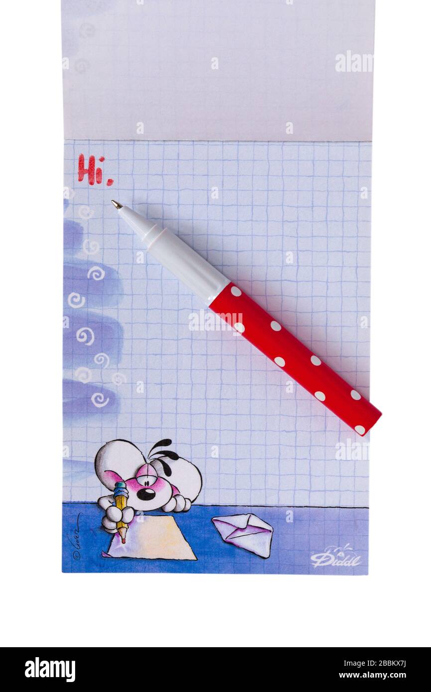 Diddl Glitter Block-Notizblock mit Stift auf weißem Hintergrund Stockfoto