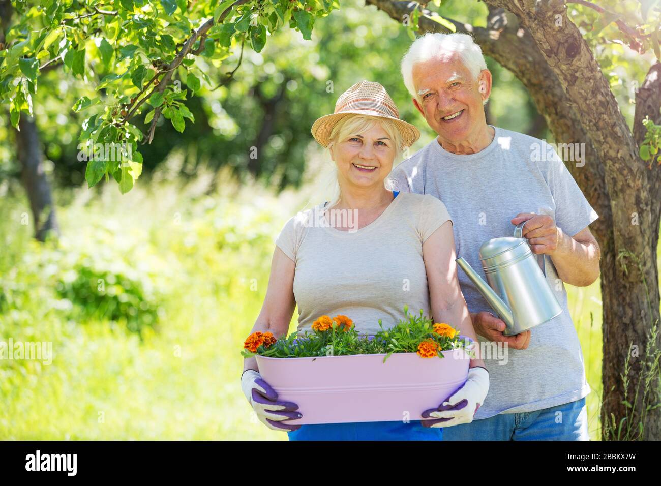 Lächelnd fröhliche Senioren Paar Gartenarbeit Stockfoto