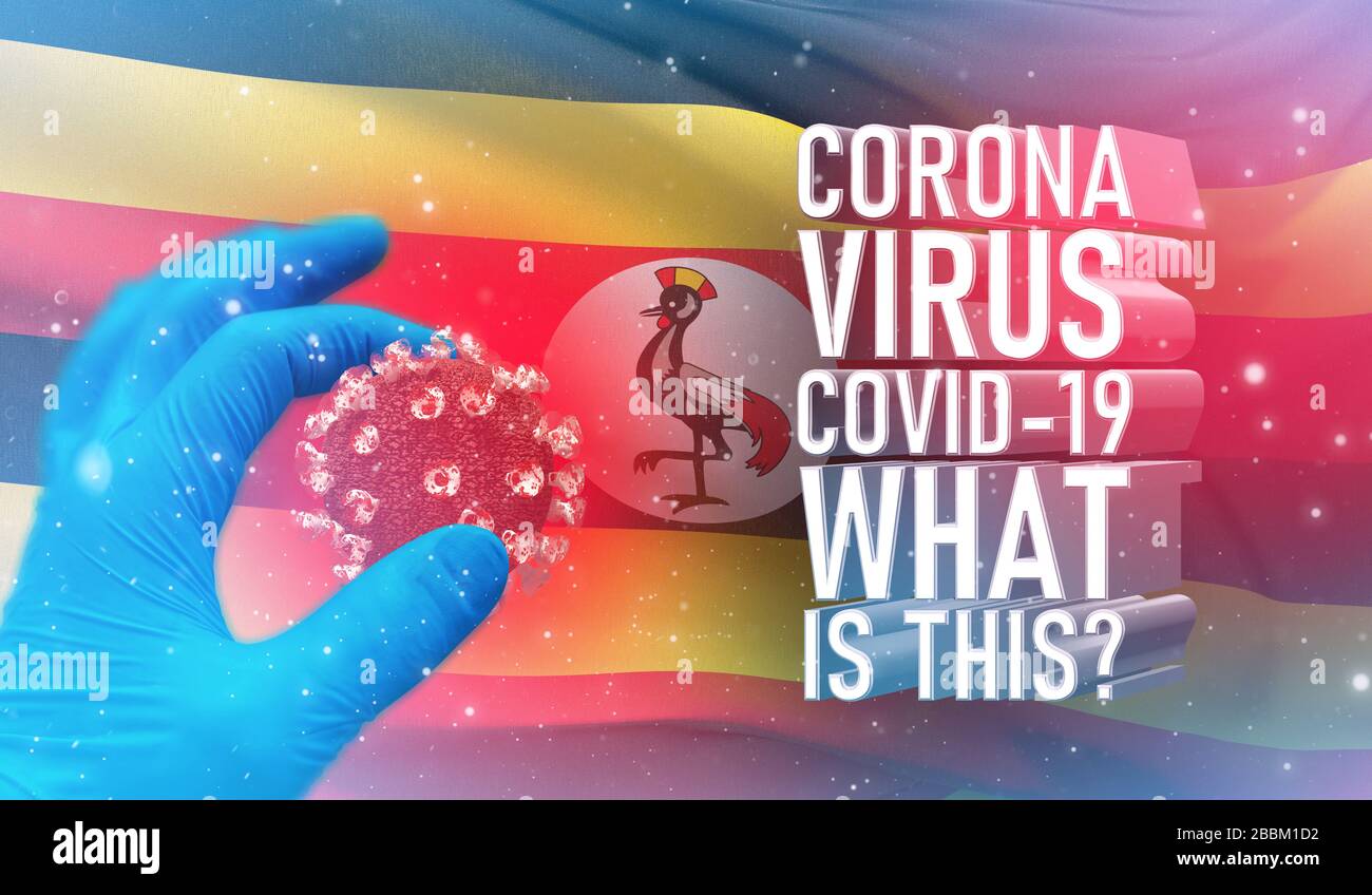 Coronavirus COVID-19, häufig gestellte Frage - was ist es Text, medizinisches Konzept mit Flagge von Uganda. Pandemische 3D-Darstellung. Stockfoto