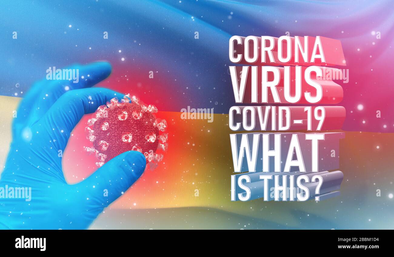 Coronavirus COVID-19, häufig gestellte Frage - was ist es Text, medizinisches Konzept mit Flagge der Ukraine. Pandemische 3D-Darstellung. Stockfoto