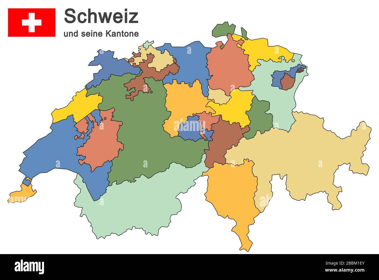 Farbige Silhouetten des Landes Schweiz und aller Kantonen Stock Vektor