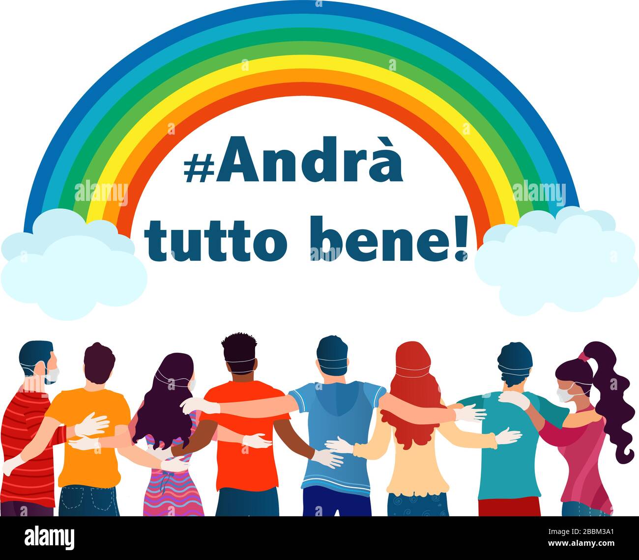 Slogan der italienischen Kampagne - Andra tutto bene - Gruppenleute, die sich gegenseitig mit medizinischer Maske und Handschuh umarmen und schützen. Coronavirus Konzept Stock Vektor