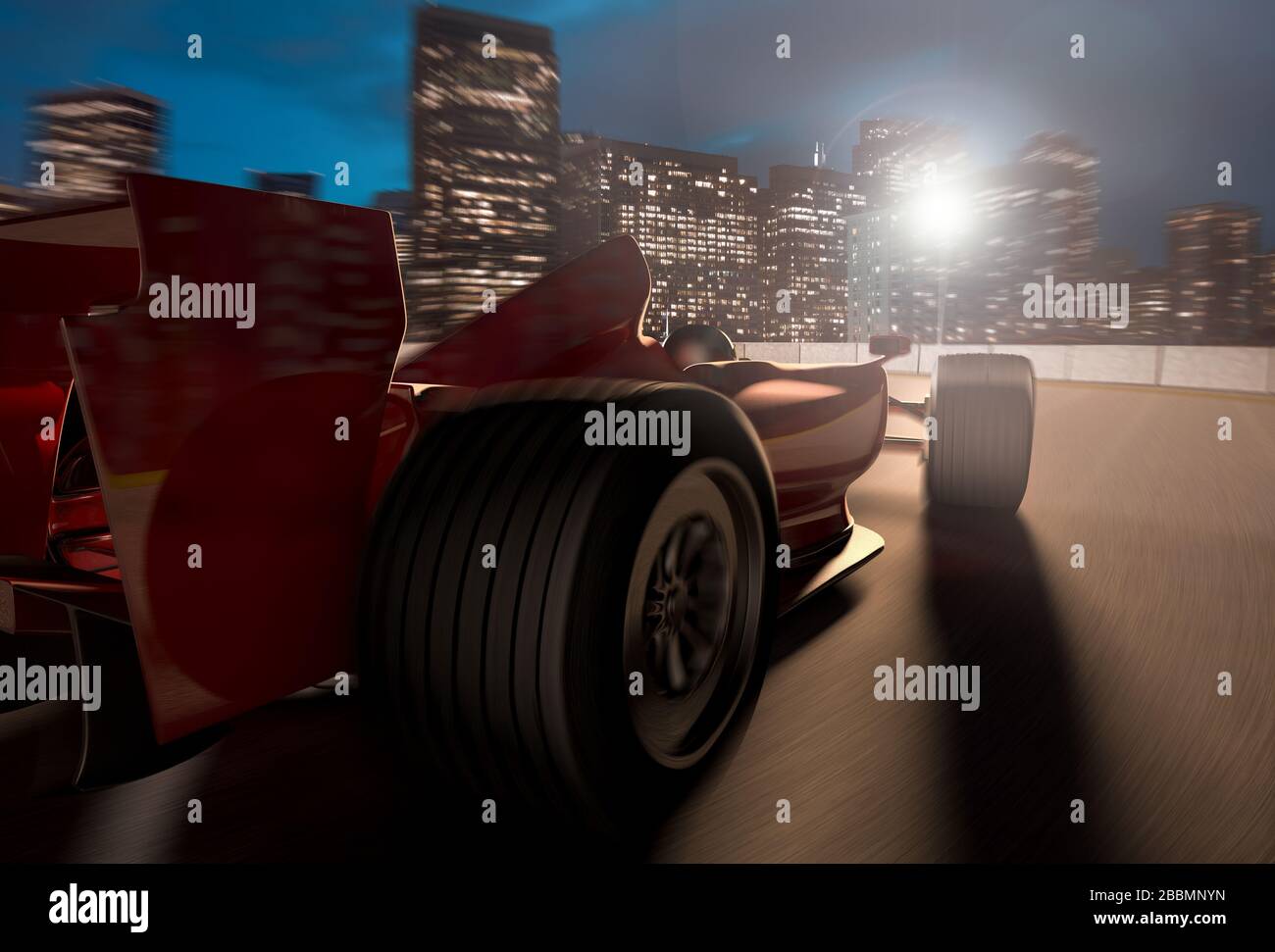 3D-Rendering von F1-Rennwagen, der in einer Strecke mit Stadthintergrund beschleunigt Stockfoto