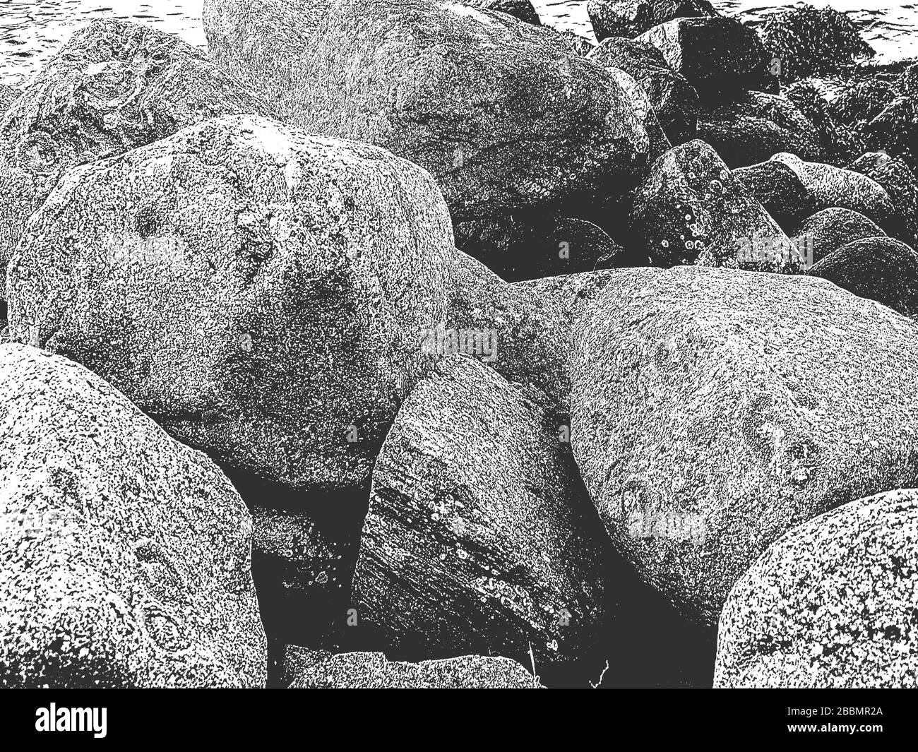 Die Vektortextur der Meeressteine am Strand ist in Bedrängnis. EPS8-Abbildung. Schwarz-weißer Grunge Hintergrund. Stock Vektor