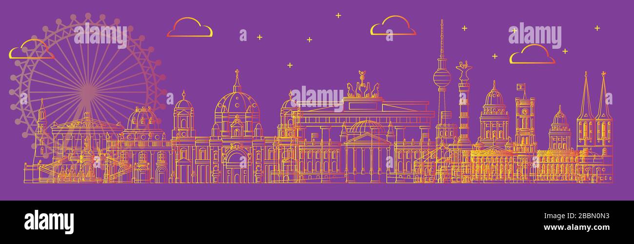 Horizontale Vektorlinie Kunstdarstellung von Wahrzeichen Berlins, Deutschland. Berliner Skyline Vektor-Illustration in oranger Gradientenfarbe isoliert auf Purpl Stock Vektor