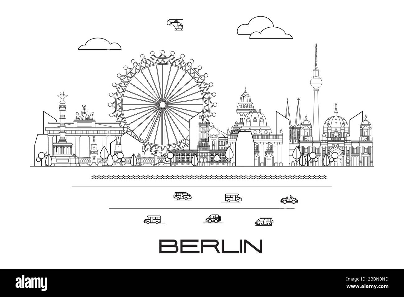 Vector Line Kunst-Illustration von Wahrzeichen Berlins, Deutschland. Monochrome Vektorgrafiken der Skyline von Berlin isoliert auf weißem Hintergrund. Vektorsymbol, Stock Vektor