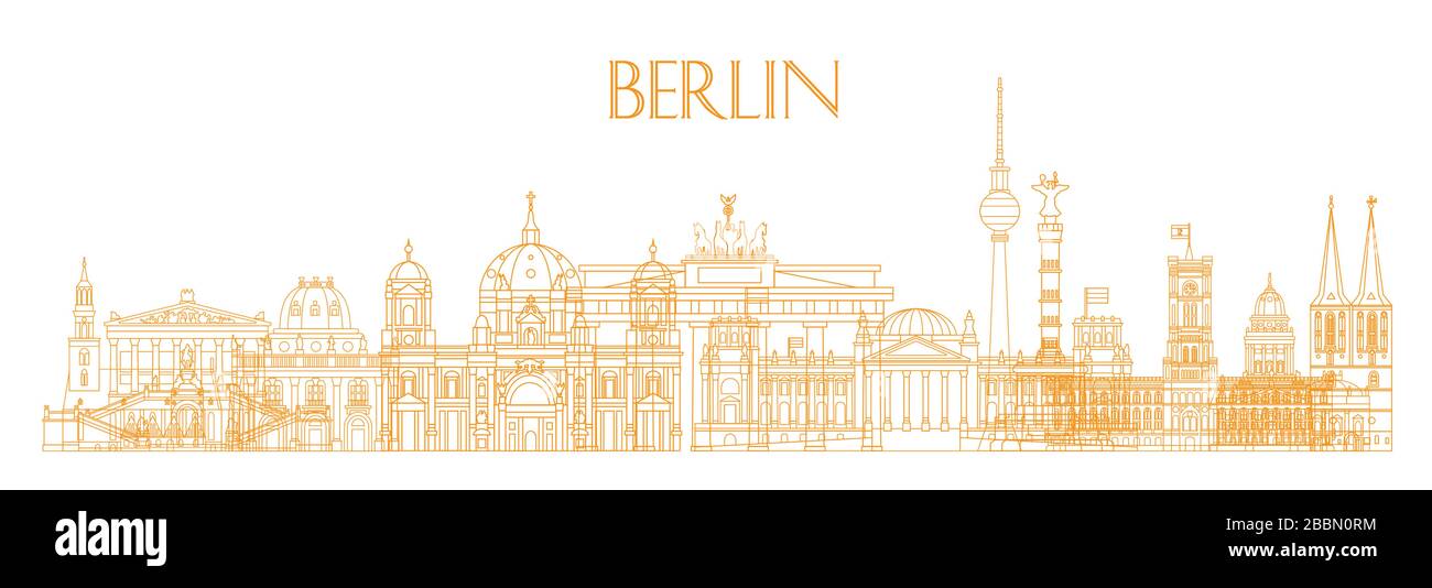 Panorama-Vektor-Linien-Kunst-Illustration von Wahrzeichen Berlins, Deutschland. Berliner Skyline Vektorgrafiken in orangefarbener Farbe isoliert auf Weiß. Moskau V Stock Vektor