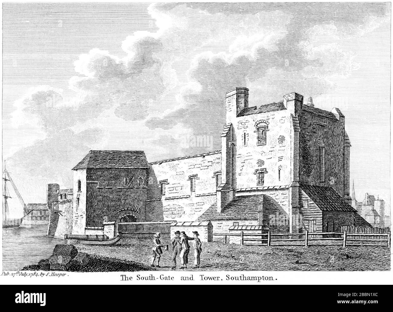 Southampton, eine Gravur des South-Gate und Tower, von einem Buch aus, das um das Jahr 1786 veröffentlicht wurde, mit hoher Auflösung gescannt. Ich glaube, dass das Urheberrecht frei ist. Stockfoto