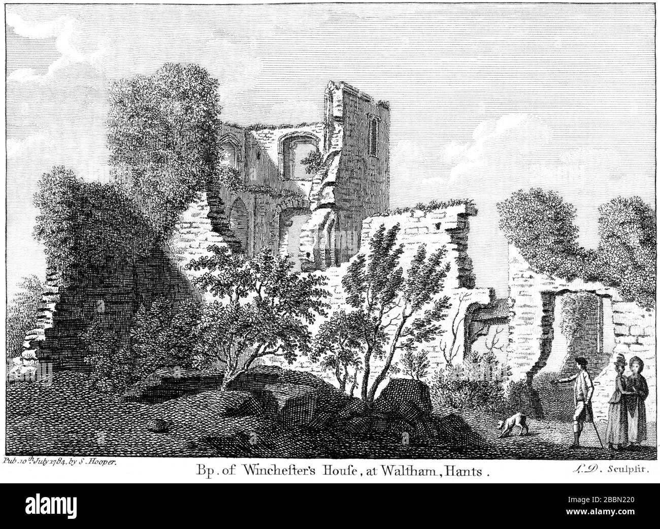 Eine Gravur von BP. Des Winchesters House in Waltham, Hants, 1784 (Bishops Waltham Palace), die in hoher Auflösung aus einem Buch gescannt wurde, das um das Jahr 1786 veröffentlicht wurde Stockfoto
