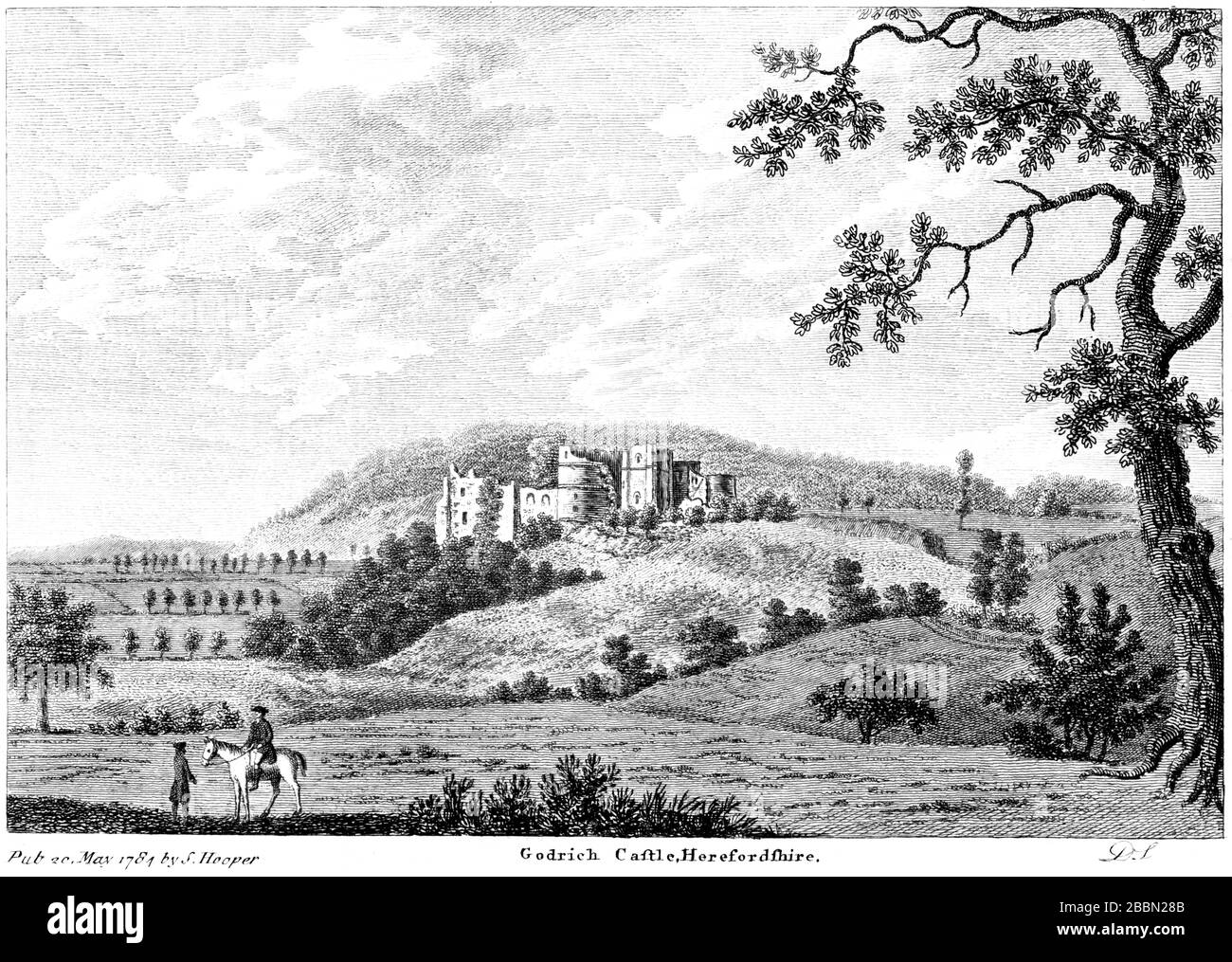 Eine Gravur von Godrich (Goodrich) Castle, Herefordshire, von einem Buch, das um das Jahr 1786 veröffentlicht wurde, in hoher Auflösung gescannt. Ich glaube, dass das Urheberrecht frei ist. Stockfoto