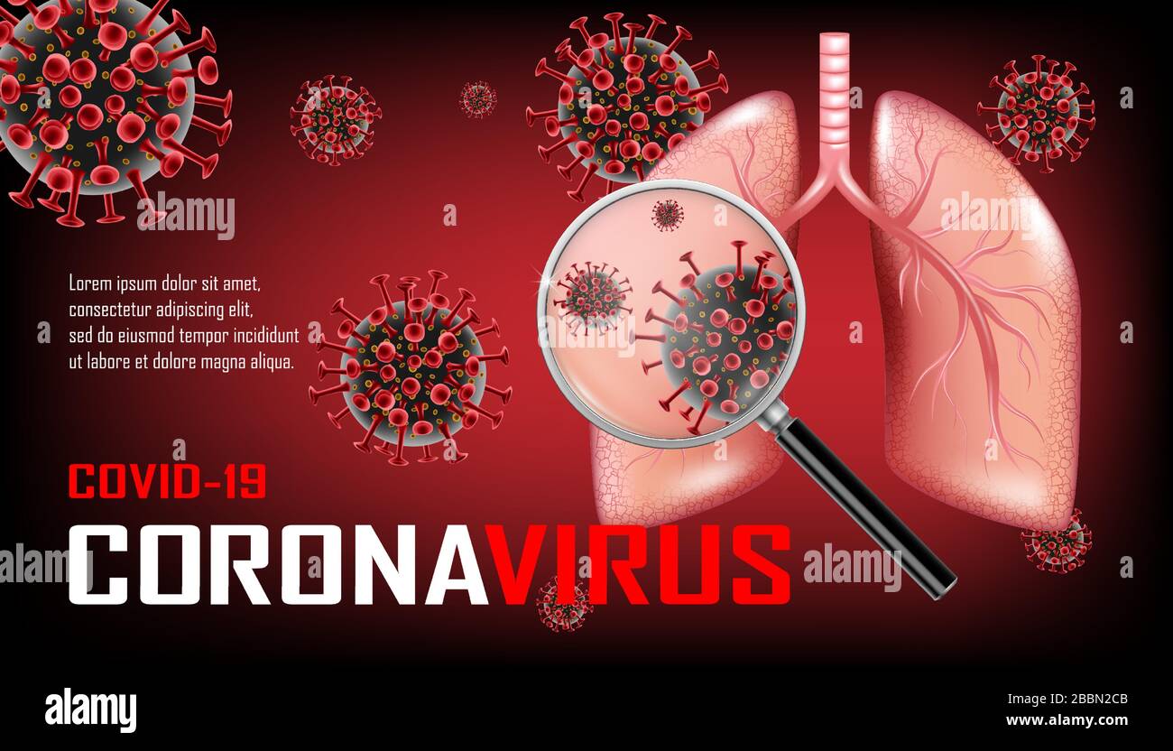 Coronavirus Ausbruch auf dunkelrotem Hintergrund. Coronavirus Bannerdesign mit infizierten Lungen und Lupe. Atemwegserkrankungen. Vektor Stock Vektor