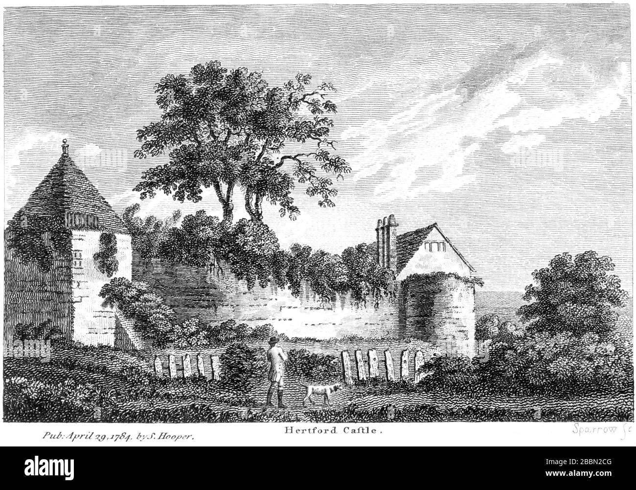 Eine Gravur von Hertford Castle um das Jahr 1784, die in hoher Auflösung aus einem Buch gescannt wurde, das um das Jahr 1786 veröffentlicht wurde. Es wird angenommen, dass dieses Bild frei von allen Urheberrechten ist. Stockfoto