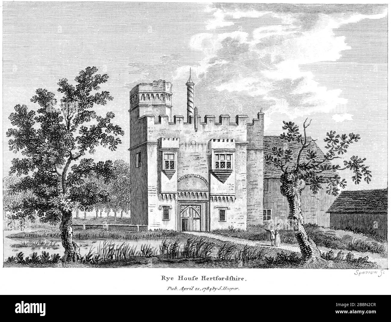 Eine Gravur von Rye House Hertfordshire, das mit hoher Auflösung von einem Buch gescannt wurde, das um das Jahr 1786 veröffentlicht wurde. Ich glaube, dass das Urheberrecht frei ist. Stockfoto