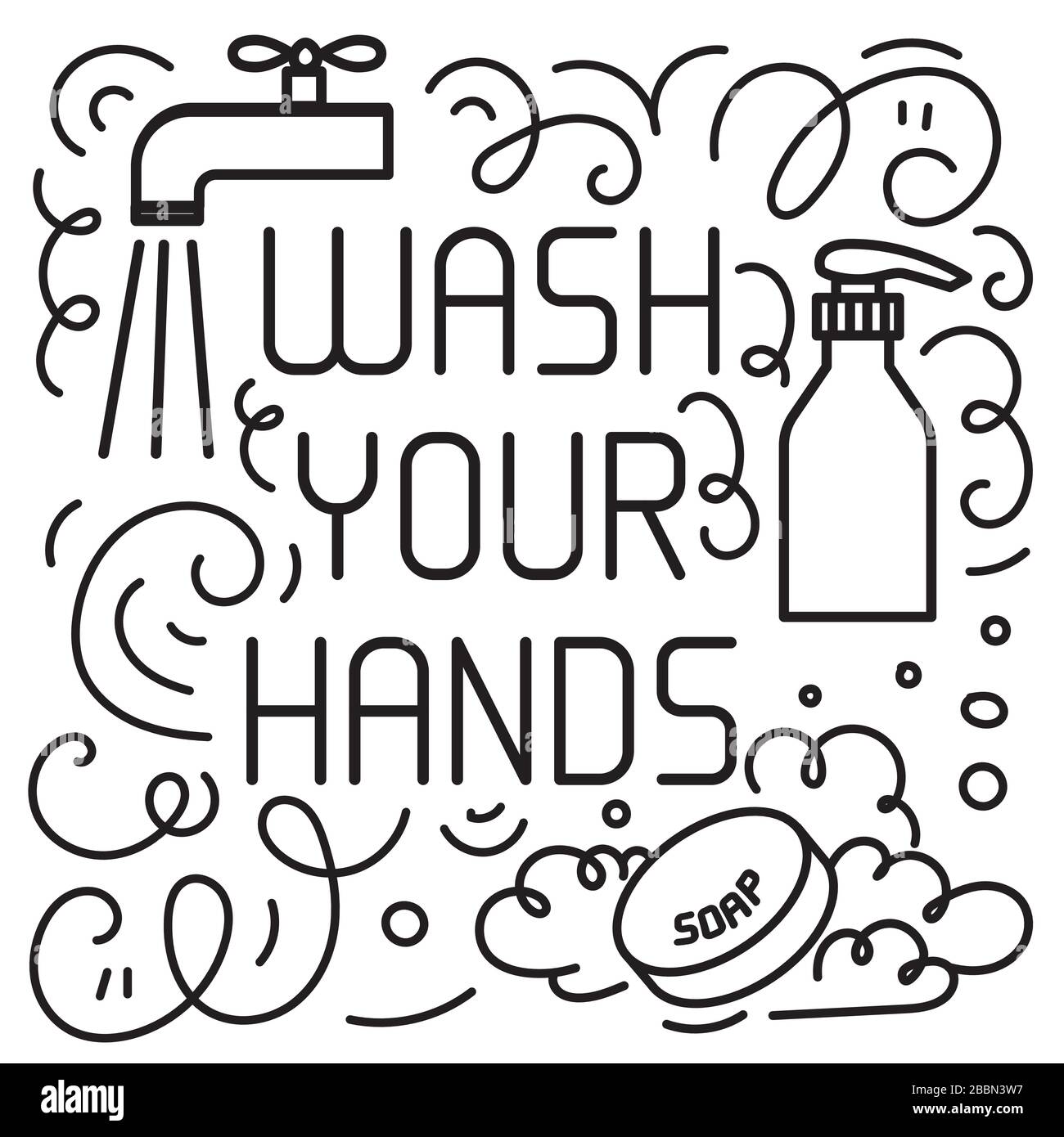 Waschen Sie Ihr Handkonzept. Handgezeichnete Doodles Elemente wie Händededesinfektionsgel und Seife. Vektor lettring. Coronavirus Kampagne Waschen Sie Ihr Handkonzept. Stock Vektor