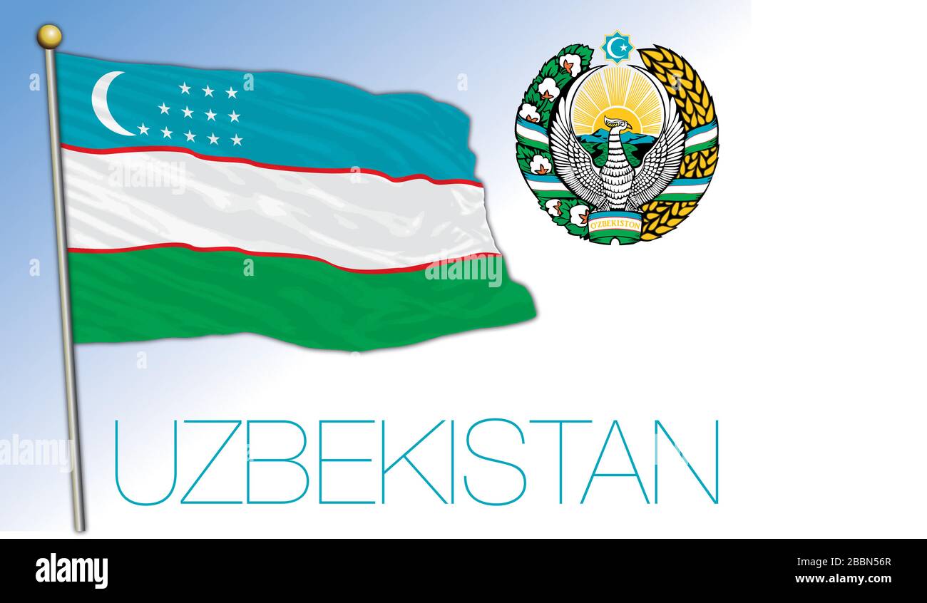 Usbekistan offizielle Nationalflaggen und -Wappen, asiatisches Land, Vektorgrafiken Stock Vektor