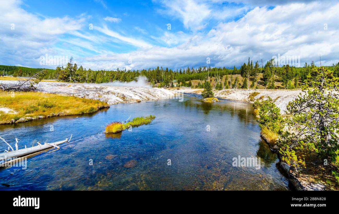 Heißes Wasser aus dem länglichen Geyser, das im oberen Geyser-Becken entlang des Continental Divide Trail in Yellowstone in den Firehole River fließt Stockfoto