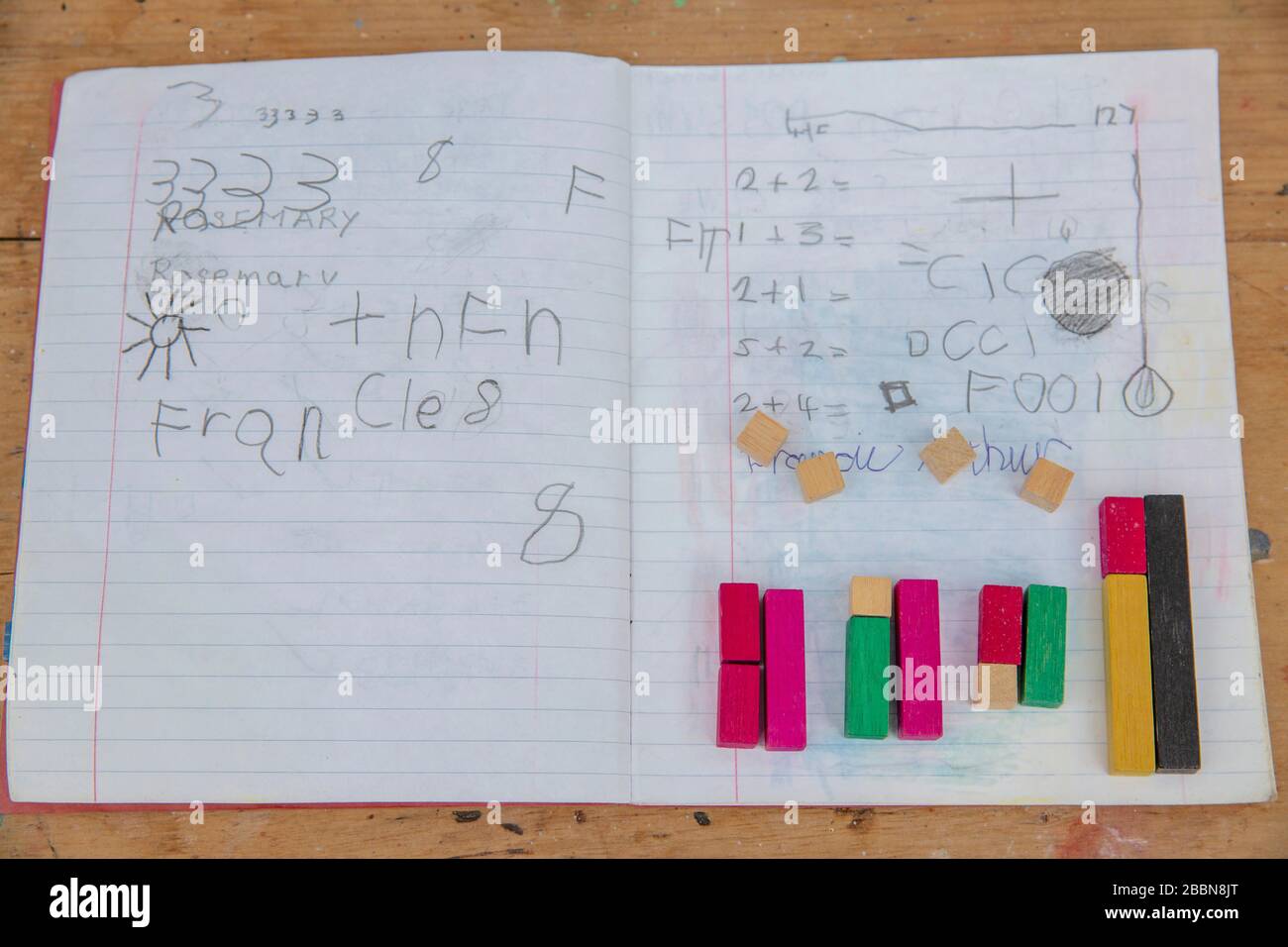 April 2020 Cuisenaire Holzzählstäbe zur Berechnung der Mathematik mit Farbe und Form in frühen Schulbüchern Stockfoto