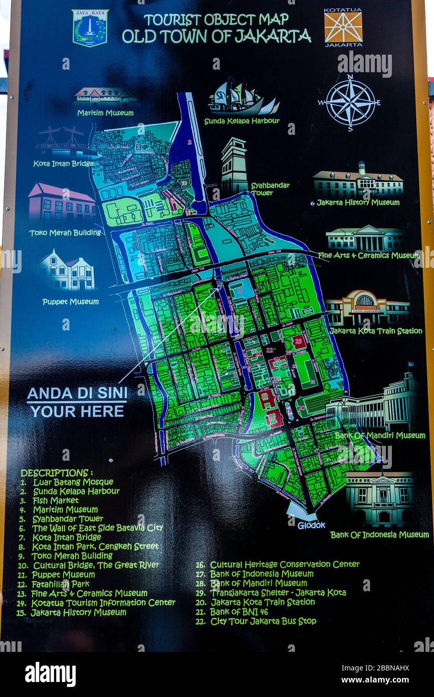 Eine bunte Straßenkarte der Altstadt von Jakarta, Jakarta, Indonesien. Stockfoto