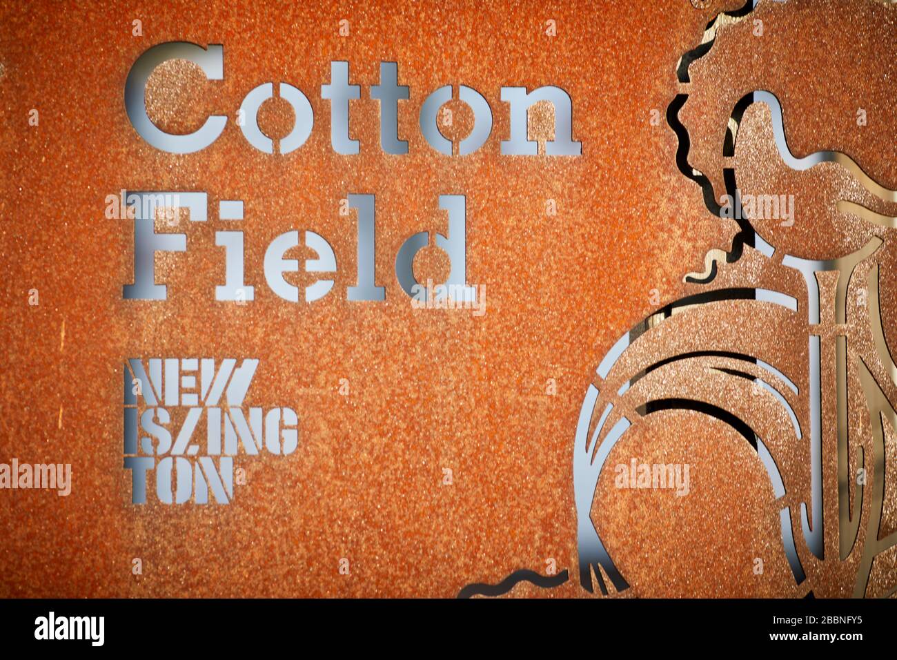 Manchester Cotton Field Park, New Islington Marina, Schild in gehetztem Metall Stockfoto