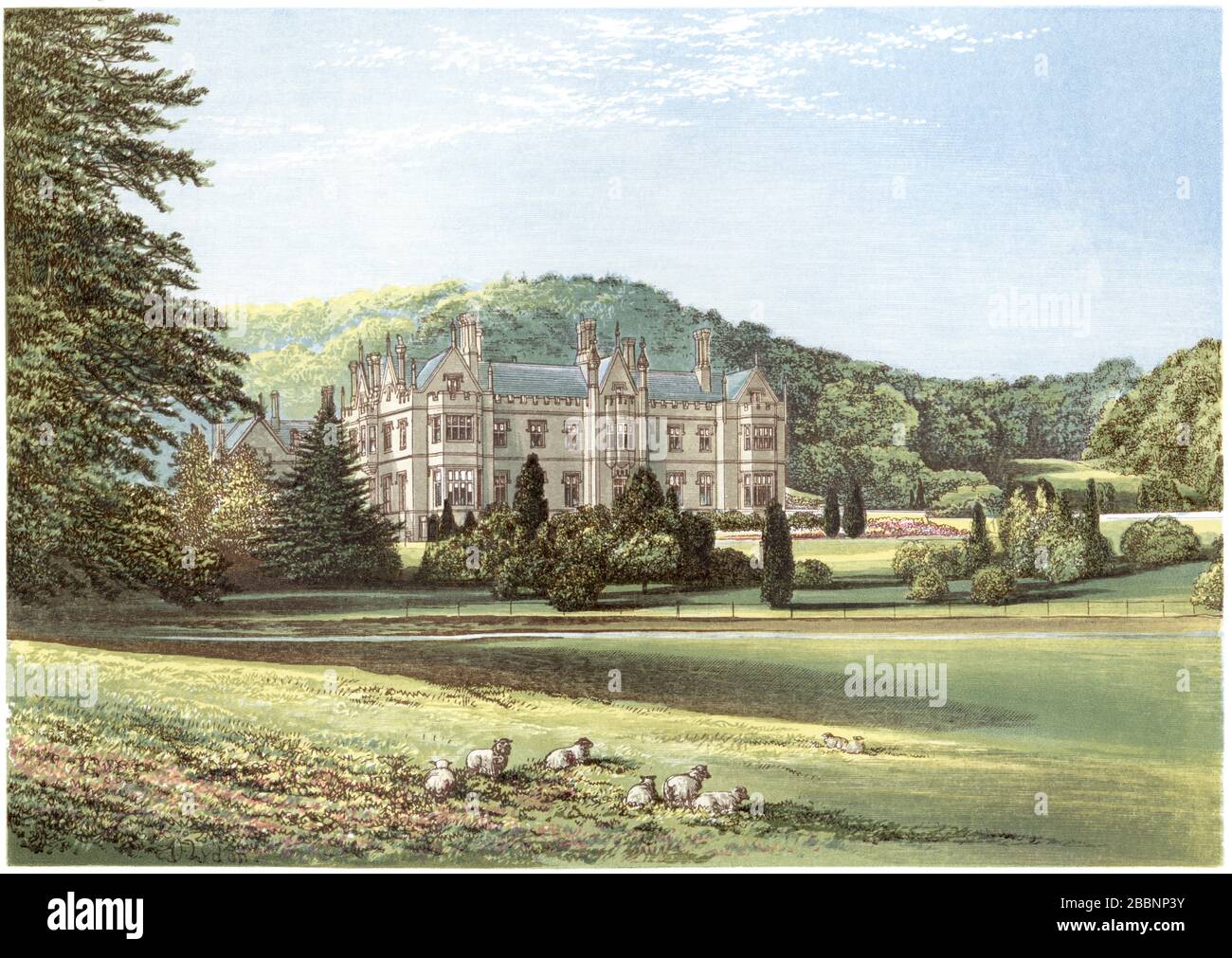 Eine farbige Illustration von Mamhead House, Devon, die in hoher Auflösung von einem 1870 gedruckten Buch gescannt wurde. Ich glaube, dass das Urheberrecht frei ist. Stockfoto